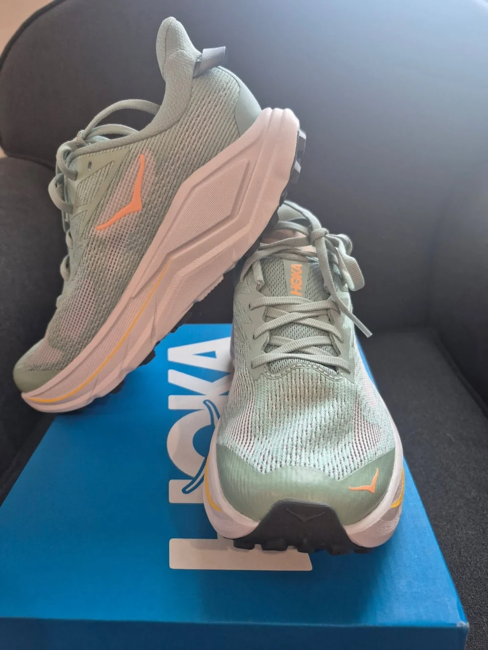 Hoka One One Women's Sage Green Athletic Running Shoes with Orange Accents